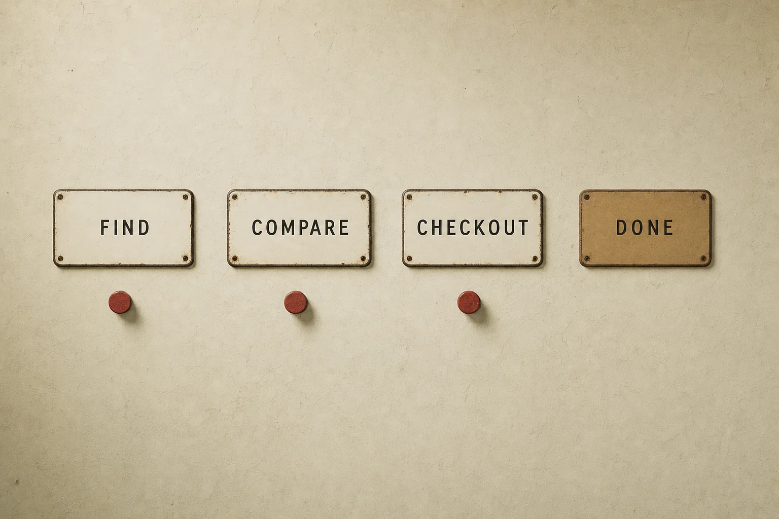 Four enamel signs reading Find, Compare, Checkout and Done, with red pins under the first three