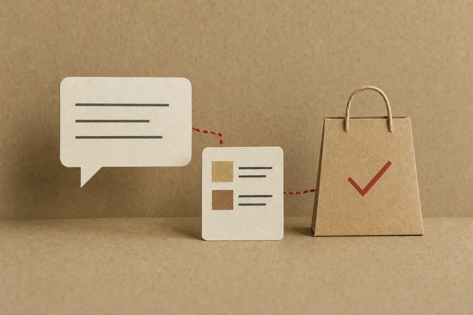 Paper models of a speech bubble, a catalog card and a shopping bag joined by a red dotted thread