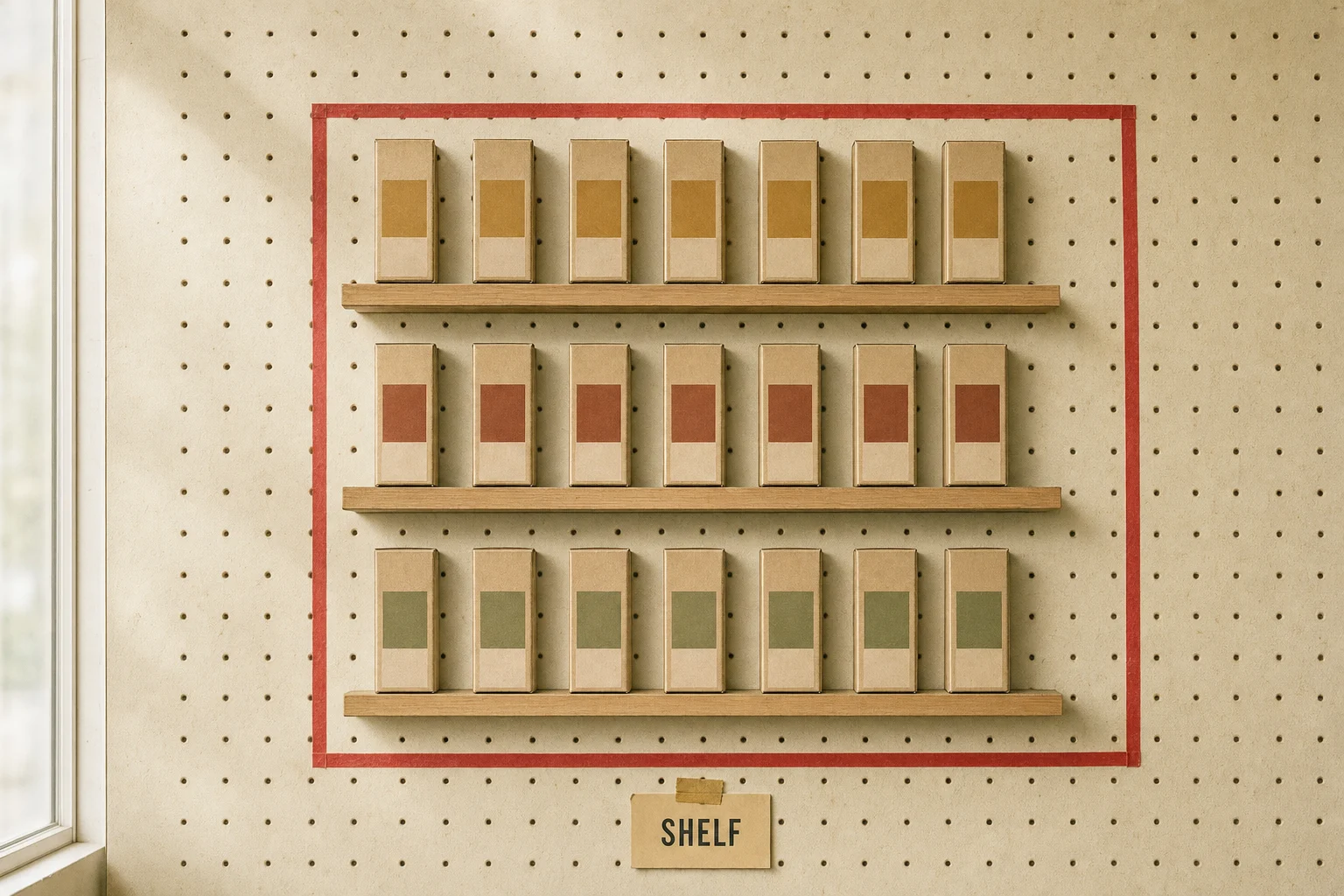 A pegboard planogram with three shelf rails of identical product cartons inside a red taped frame
