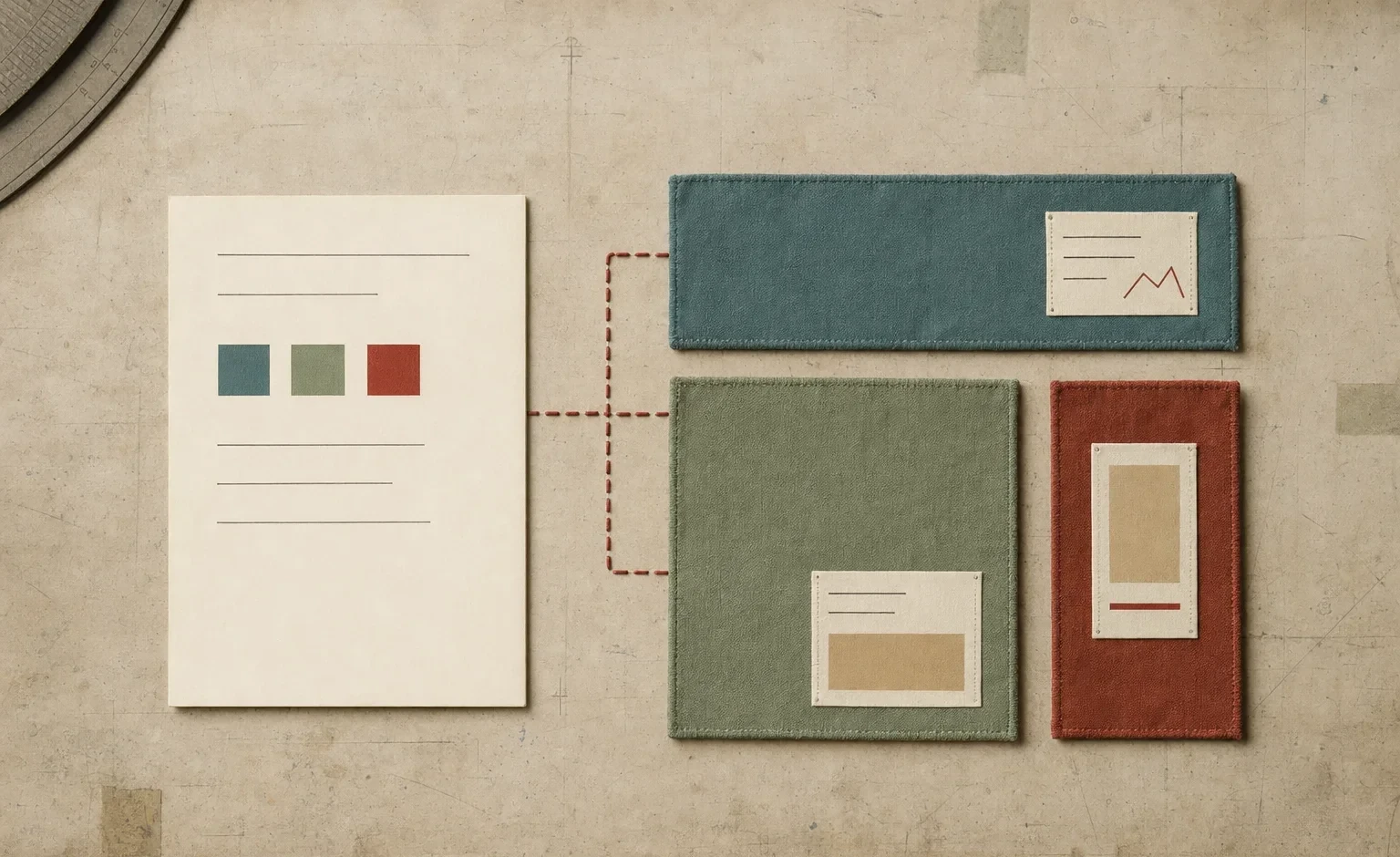 A brief sheet linked by dotted red thread to three cloth banners of different proportions
